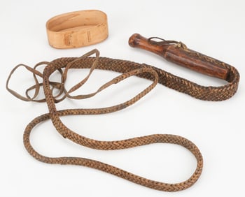 Eskimo Bentwood Fat Box And Antique Inuit Sled Dog Whip