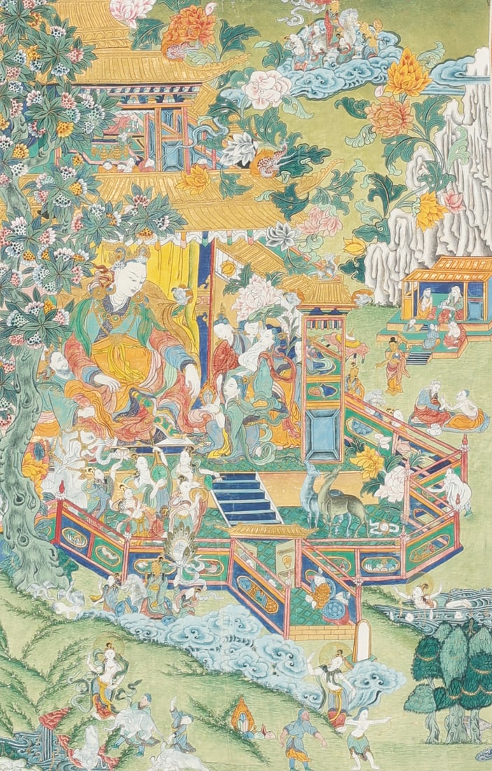 Tibetan Thangka Of The Life Of Prince Siddhartha: Tibetan Thangka Of The Life Of Prince Siddhartha. Size: 26'' x 17'', 66 x 43 cm (image); 45'' x 31'', 114 x 79 cm (overall).