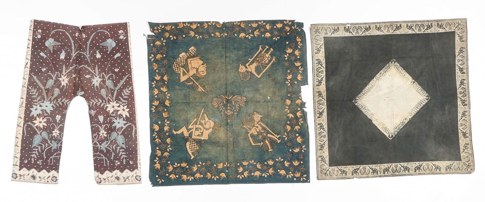 2 Batik Kepala Headscarves and Pair of Trousers, Indonesia: 2 Batik Kepala Headscarves and Pair of Trousers, Indonesia. Cotton. Sizes Ranging From: 2'0'' x 3'4'' (61 x 102 cm); To: 3'2'' x 3'3'' (97 x 99 cm).