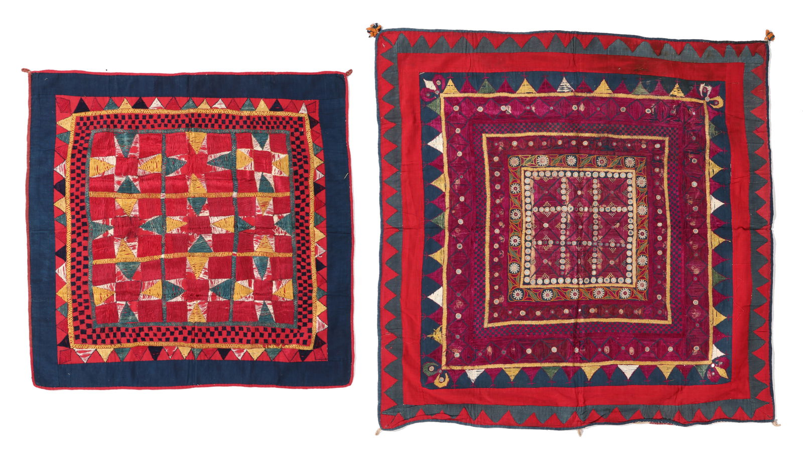 2 Embroidered Chaklas, 1 With Mirrorwork, India, Early-Mid 20th C.: 2 Embroidered Chaklas, 1 With Mirrorwork, India, Early-Mid 20th C. Cotton and silk. Chaklas were ceremonial cloths (the square being auspicious) embroidered by the bride for her trousseau and used dur