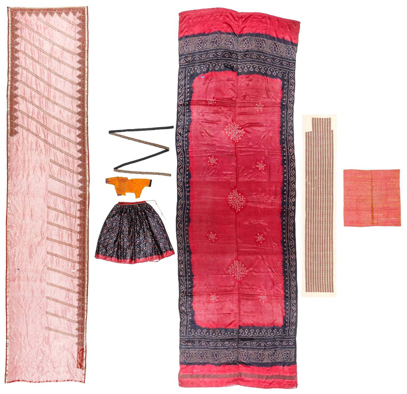 Group of 7 Indian Textiles: Group of 7 Indian Textiles. Sizes: 1) 1'0'' x 2'2'' (30 x 66 cm); 2) 3'7'' x 16'8'' (109 x 508 cm); 3) 1.5'' x 11'4'' (4 x 345 cm); 4) 1'3'' x 2'10'' (38 x 86 cm).
