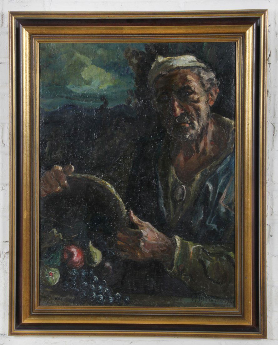 Cristoforo Sparagna Oil Painting: Cristoforo Sparagna (Italian, 1905-1983), L'uomo del Campo (Man of the Field), 1946, oil on canvas. Size: 25.25" x 19.25" (stretcher), 31.25" x 25.5" x 1.75" (frame).