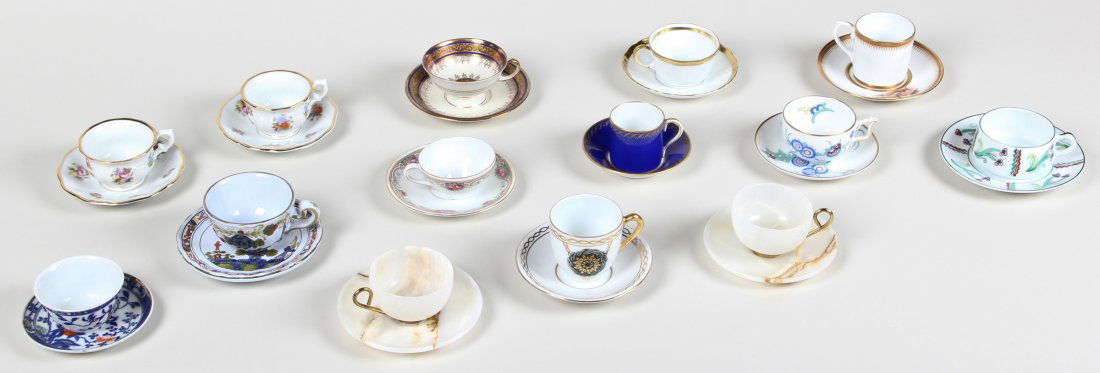 Collection of Fourteen Tea Cups and Saucers: Collection of Fourteen Tea Cups and Saucers, Hand Painted Rosenthal, KPM, Asian cup without handle, and 2 Turkish alabaster cups. Ranging in Size from 2" x 2.5" to 4.5 (diameter) x .5 inches (5 x 6 -