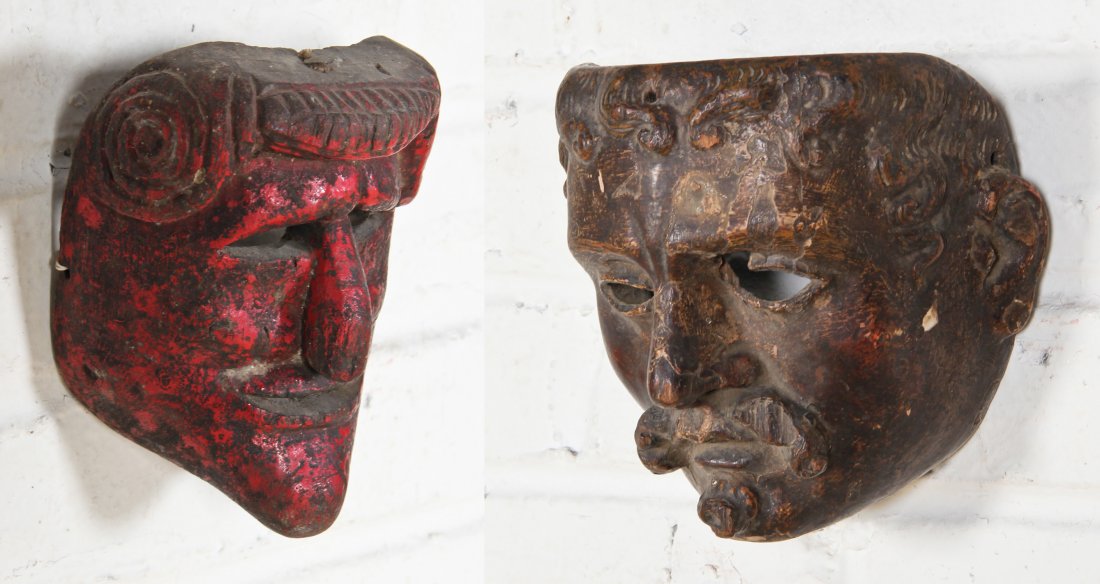 Antique Mexican and Guatemalan Dance Masks: Antique Mexican and Guatemalan Dance Masks. 1) Red Painted Mexican Dance Mask. Size: 6" x 5" x 3.5" (15 x 13 x 9 cm); 2) Antique Guatemalan Dance Mask, patina, paint residue. Size: 7" x 6.5" x 5" (18 