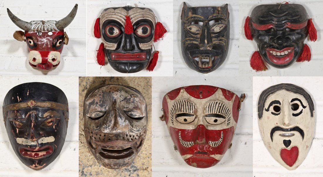 Eight Antique Mexican Dance Masks: Eight Antique Mexican Carved Wood Dance Masks. Nice patina. Largest Mask measuring 7" x 9" x 6.5". Provenance: Max Garb, Chicago, Illinois.