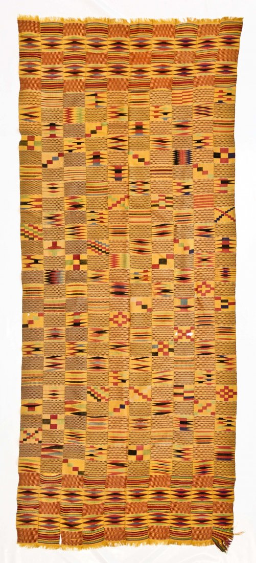 Yellow Ashanti Cloth: Yellow Ashanti Cloth, strip woven. Gold Dust Pattern, small holes, 40-50 years old. Size: 2'8" x 6'4" (81 x 192 cm). Provenance: a Gentleman in California.