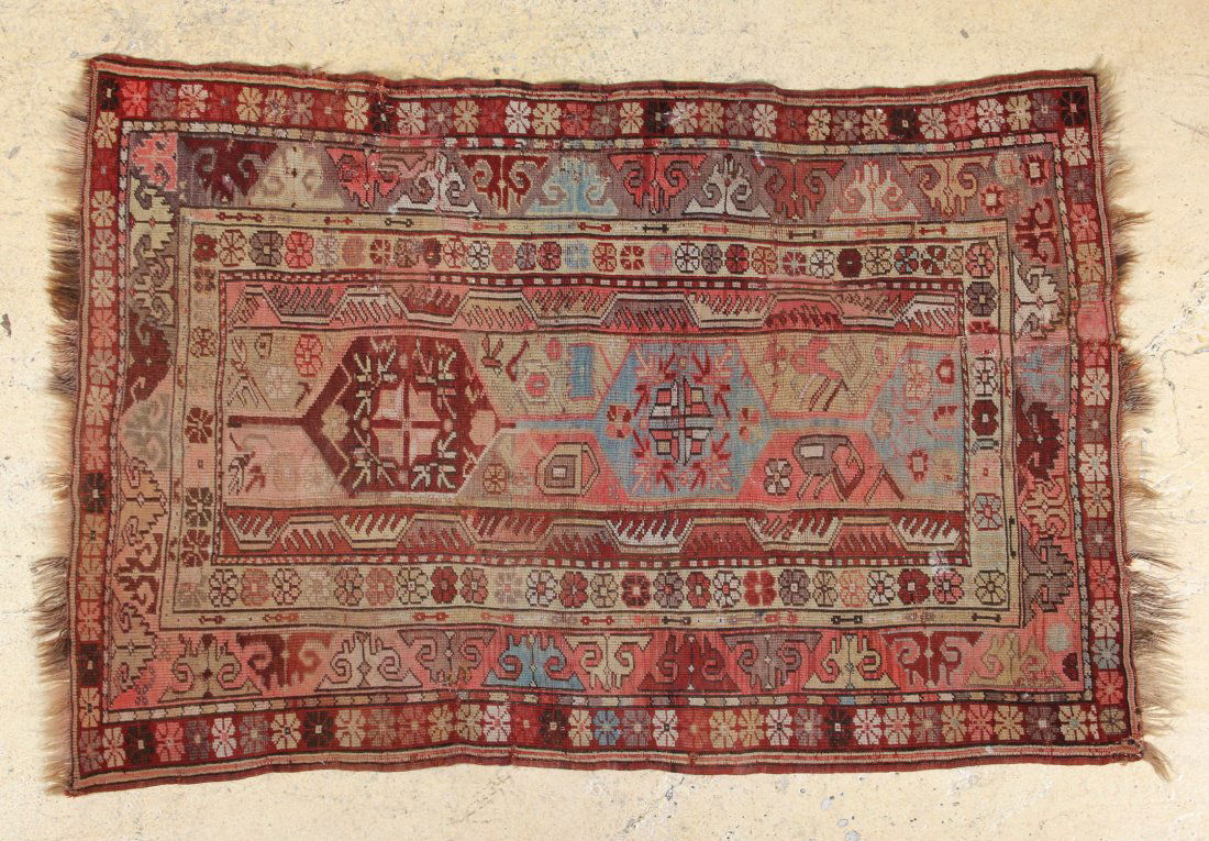 Antique Turkish Milas Rug: Turkish Milas Rug, late 19th c, old repairs, worn, frayed ends. Size: 41" x 62.5".