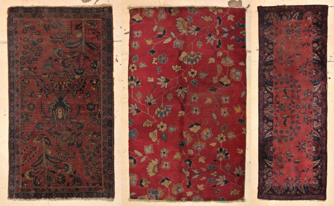 Three Antique Turkish Sparta Carpets: Three Antique Turkish Sparta Carpets. Sizes: 2'6" x 4'5" (76 x 134 cm); 2'9" x 5'0" (83 x 152 cm); 2'10" x 8'0" (86 x 243 cm).