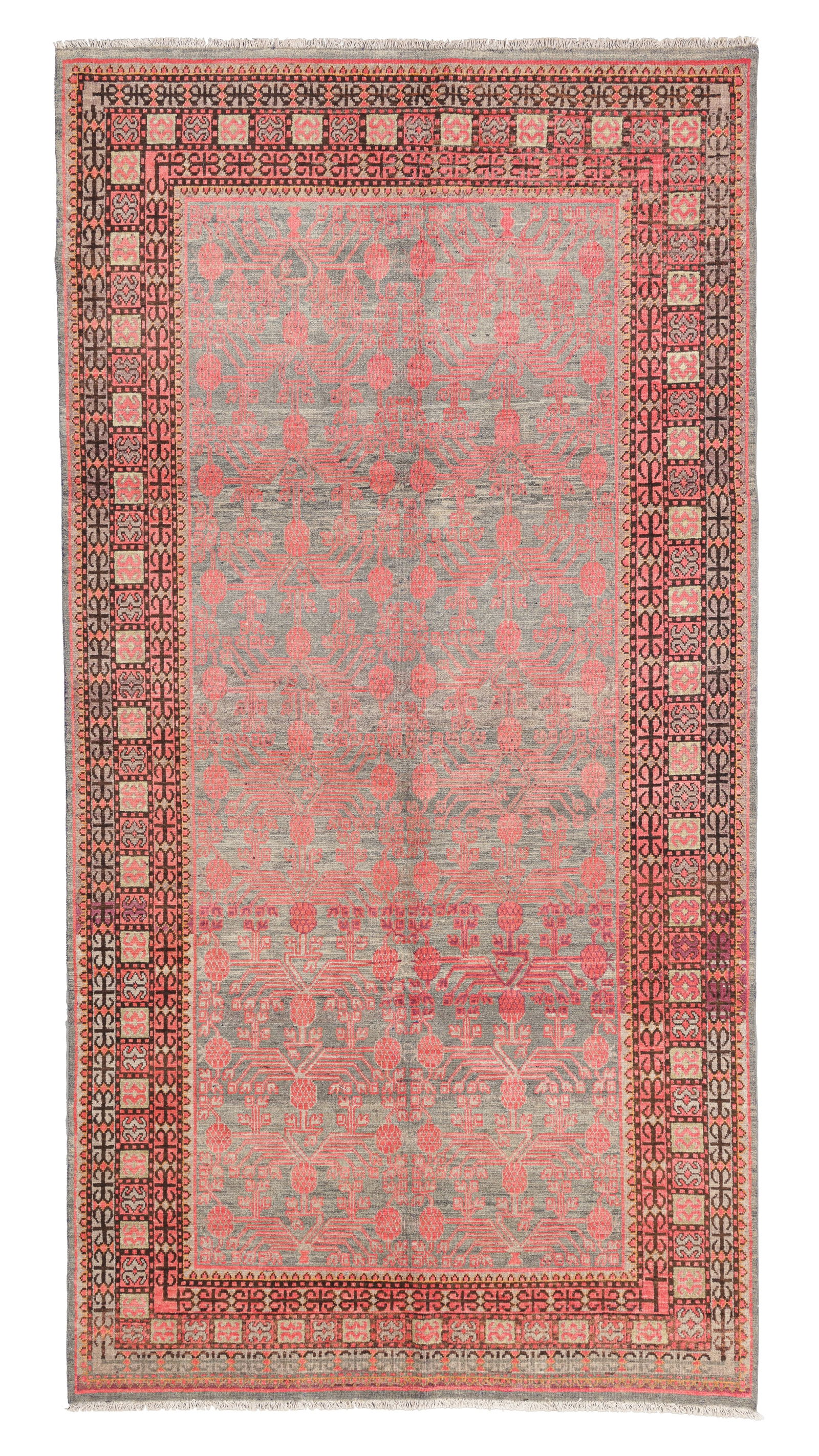 Khotan Rug, East Turkestan, Early 20th C., 6'5'' x 12'4'': Khotan Rug, East Turkestan, Early 20th C., 6'5'' x 12'4'' (196 x 376 cm). Weight: 31 lbs. Material: wool pile, cotton warp, cotton weft.