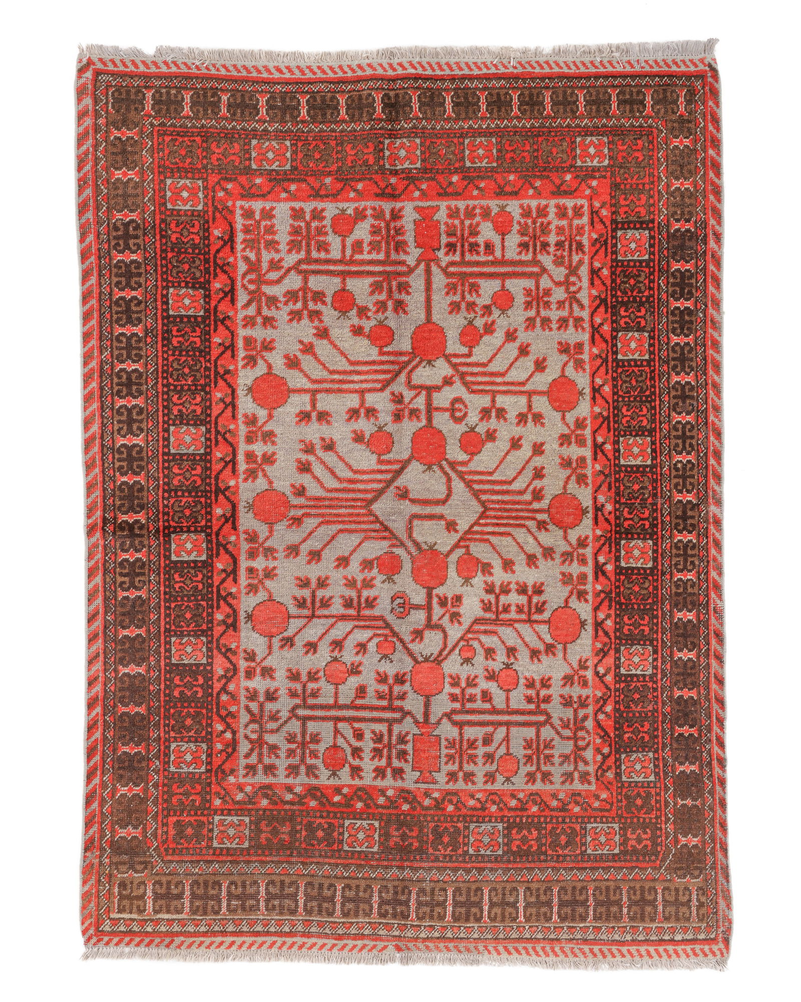 Khotan Rug, East Turkestan, Early 20th C., 4'8'' x 6'7'': Khotan Rug, East Turkestan, Early 20th C., 4'8'' x 6'7'' (142 x 201 cm). Weight: 12 lbs. Material: wool pile, cotton warp, cotton weft.