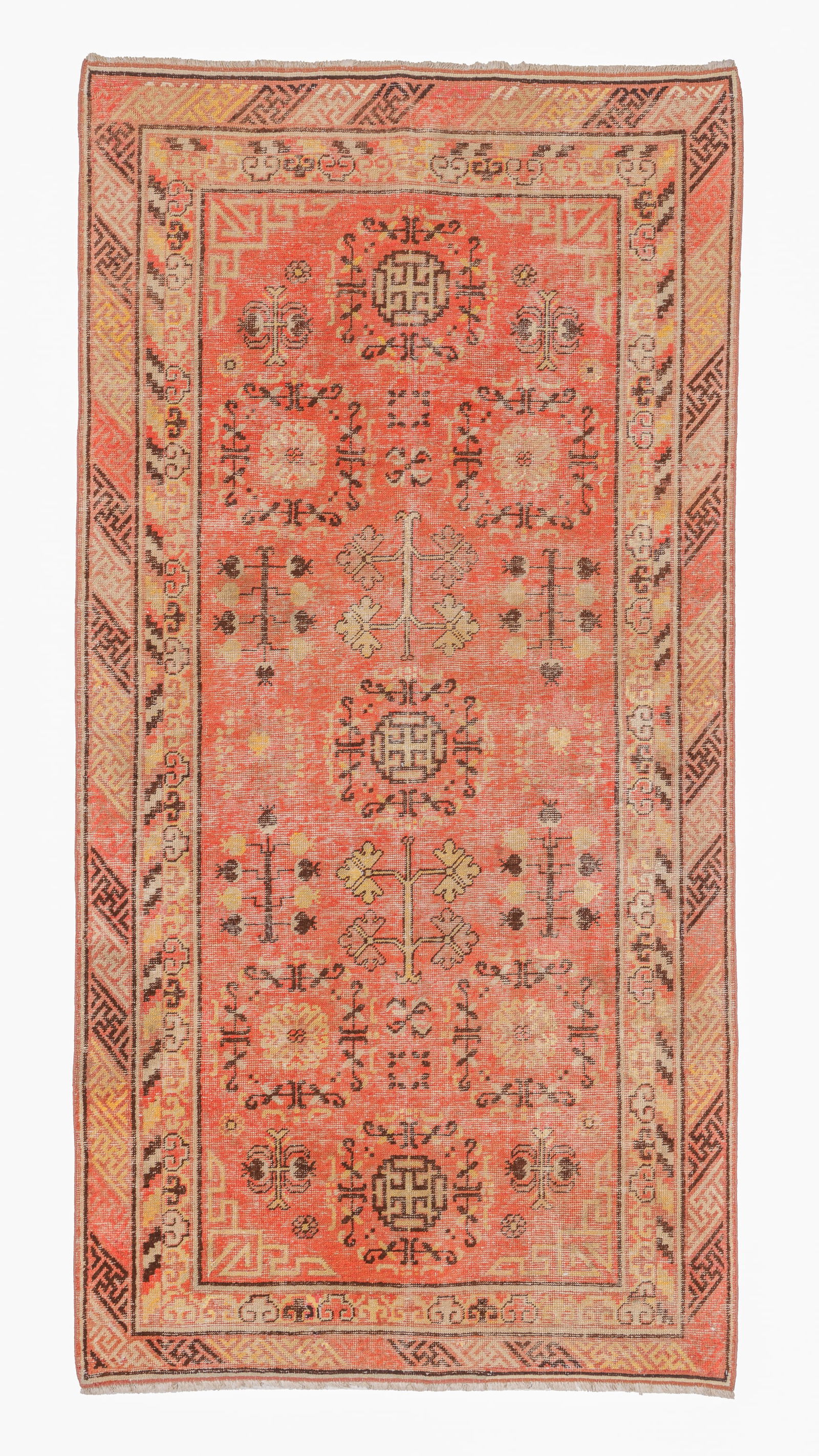 Khotan Rug, East Turkestan, Early 20th C., 4'9'' x 8'9'': Khotan Rug, East Turkestan, Early 20th C., 4'9'' x 8'9'' (145 x 267 cm). Weight: 12 lbs. Material: wool pile, cotton warp, cotton weft.