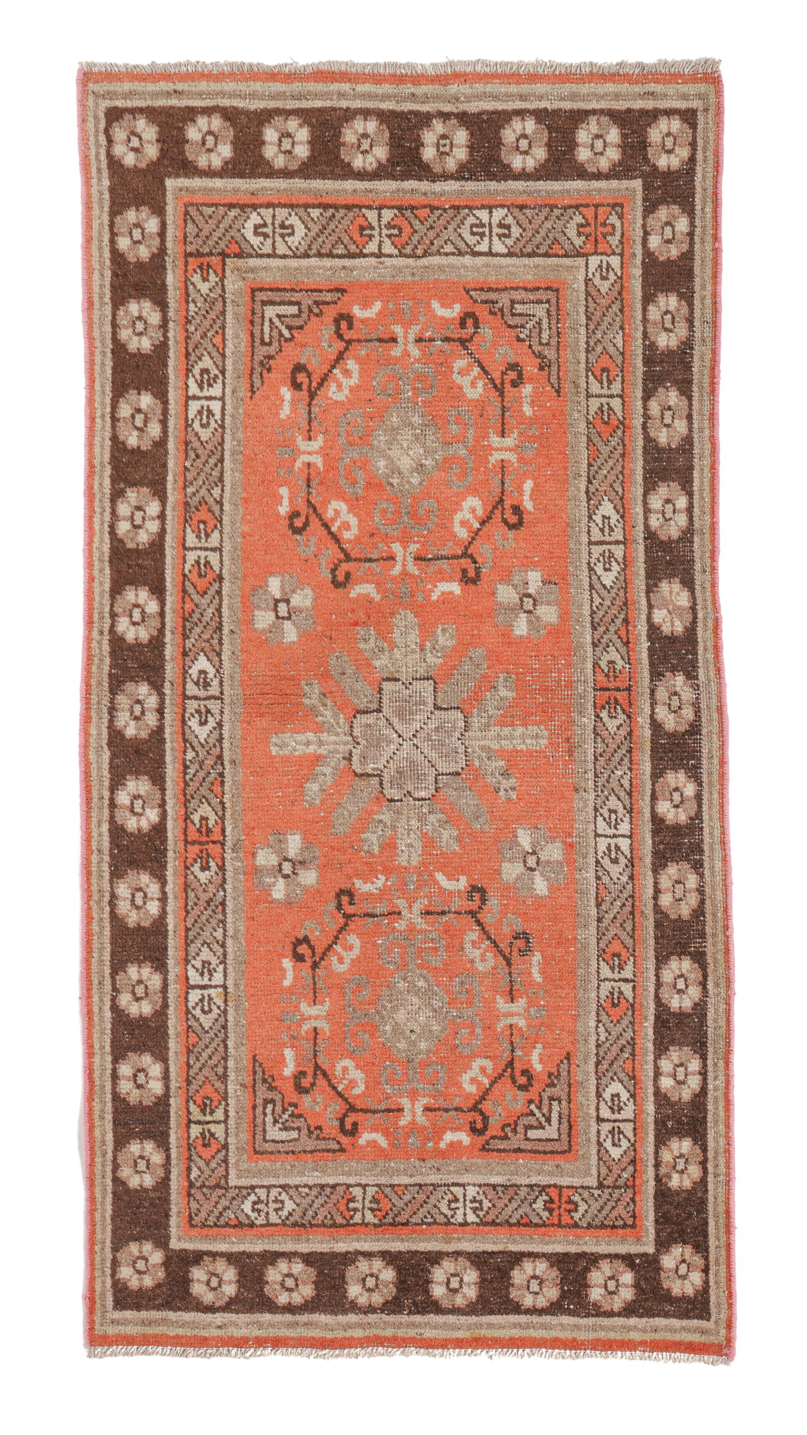 Khotan Rug, East Turkestan, Early 20th C., 2'6'' x 4'11'': Khotan Rug, East Turkestan, Early 20th C., 2'6'' x 4'11'' (76 x 150 cm). Weight: 5 lbs. Material: wool pile, cotton warp, cotton weft.
