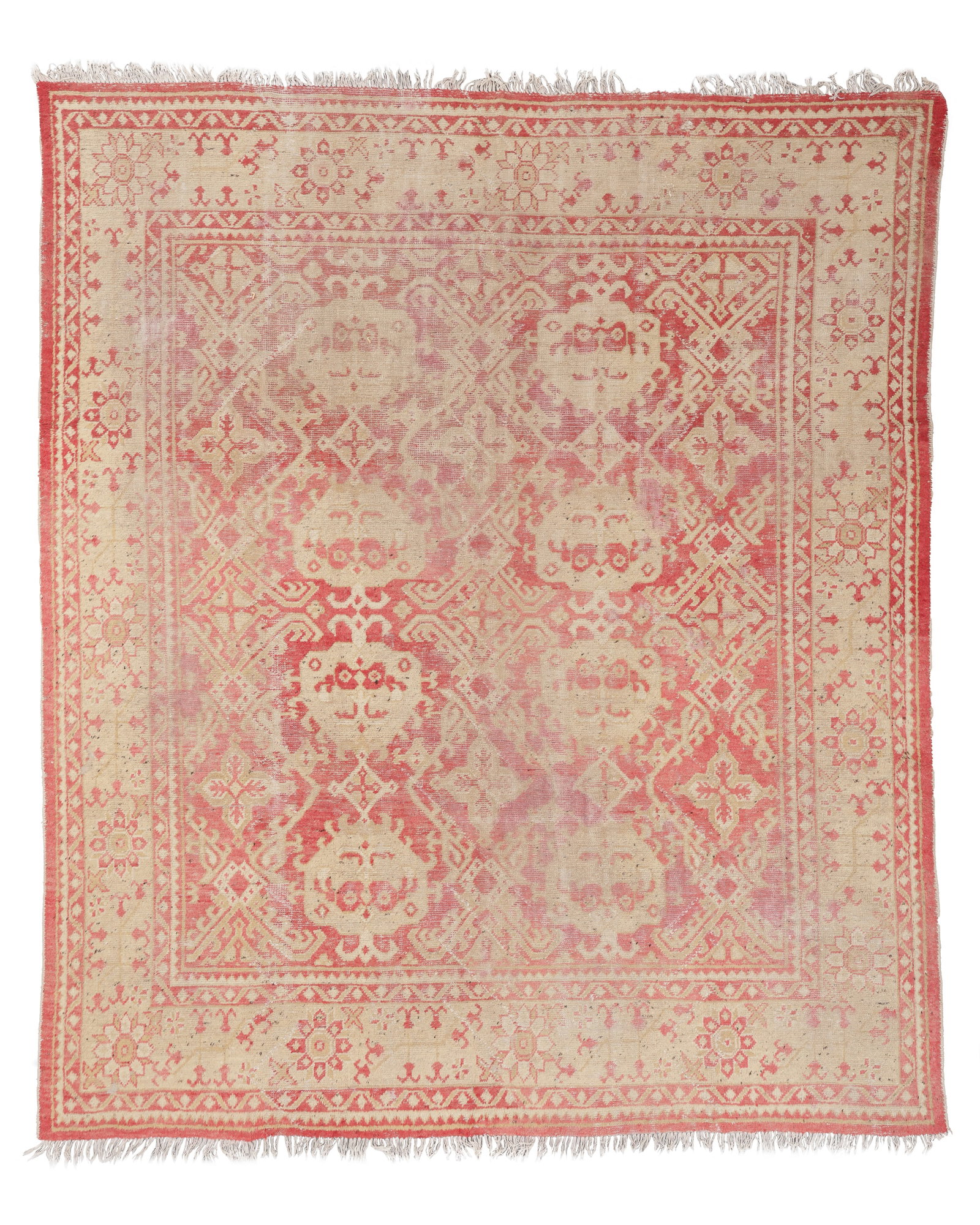 Distressed Spanish Oushak Rug, Early 20th C., 10'5'' x 12'3'': Distressed Spanish Oushak Rug, Early 20th C., 10'5'' x 12'3'' (318 x 373 cm). Weight: 35 lbs. Wool.