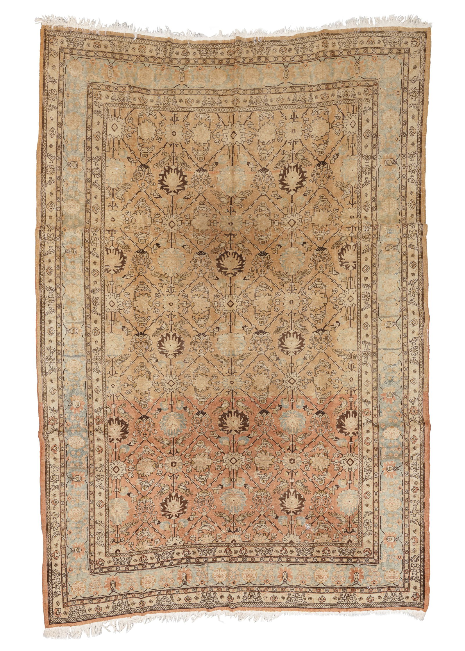 Distressed Kerman Rug, Persia, Early/Mid 20th C., 7'10'' x 12'1'': Distressed Kerman Rug, Persia, Early/Mid 20th C., 7'10'' x 12'1'' (239 x 368 cm). Weight: 51 lbs. Material: wool pile, cotton warp, cotton weft.