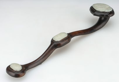 Antique Chinese Jade-Inset Wood Ruyi Scepter, 19th C.