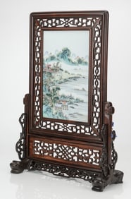 Chinese Famille Rose Porcelain Plaque Table Screen, 19th C.