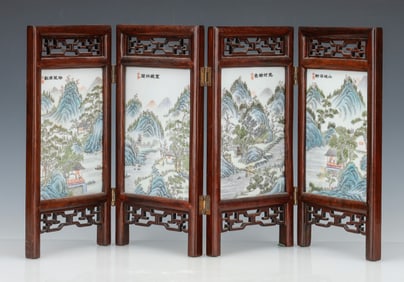 Antique Chinese Porcelain 4-Panel Table Screen, Republic Period