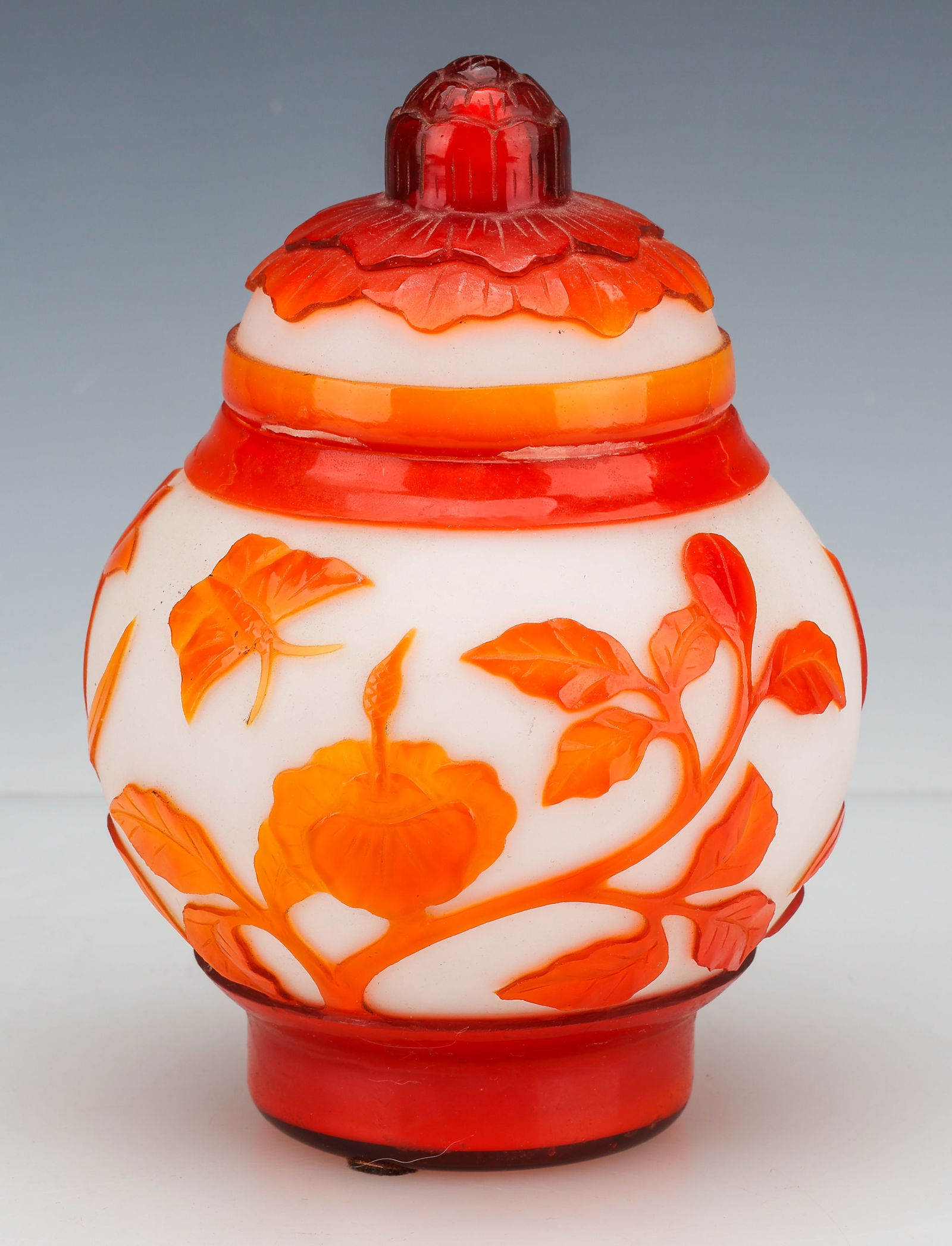 Chinese Red and White Peking Glass Jar, Republic Period: Chinese Red and White Peking Glass Jar, Republic Period. Size: 7.5'' x 5'' x 5'' (19 x 13 x 13 cm). Provenance: Private Philadelphia Estate Collection.