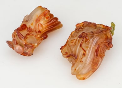 2 Rare Large Chinese Carved Agate Buddha’s Hands Shaped Snuff Bottles