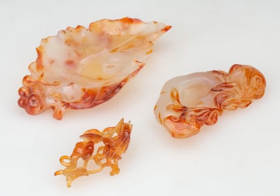 3 Chinese Agate Objects: Brush Washers And Ornament