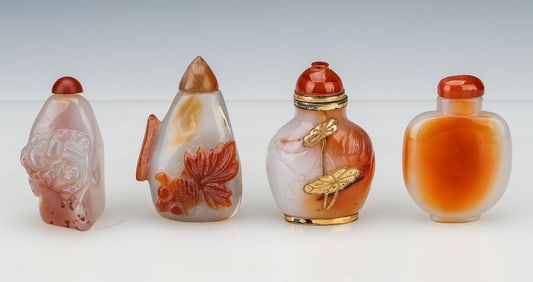 4 Chinese Carved Agate Snuff Bottles, Qing Dynasty