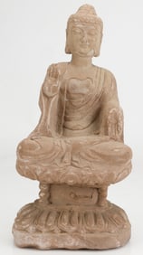 Chinese Carved Sandstone Seated Buddha, Tang Dynasty (618-907 CE)