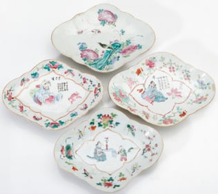 4 Chinese Famille Rose Quatrefoil Footed Dishes, 19th C.