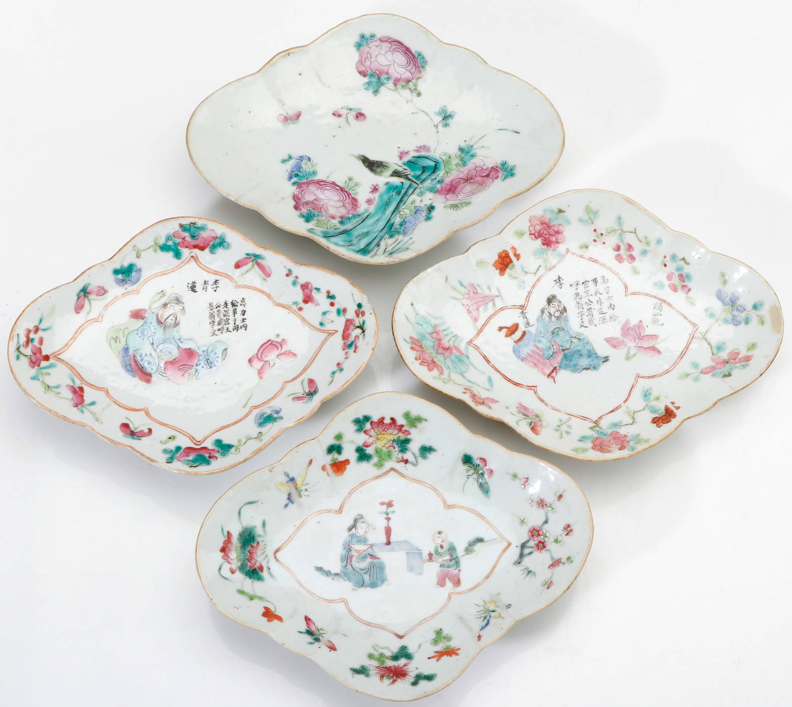 4 Chinese Famille Rose Quatrefoil Footed Dishes, 19th C.