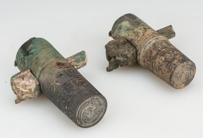 Pair of Chinese Bronze Axle Caps and Linchpins