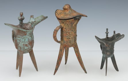 3 Archaistic Chinese Jue Ritual Wine Vessels