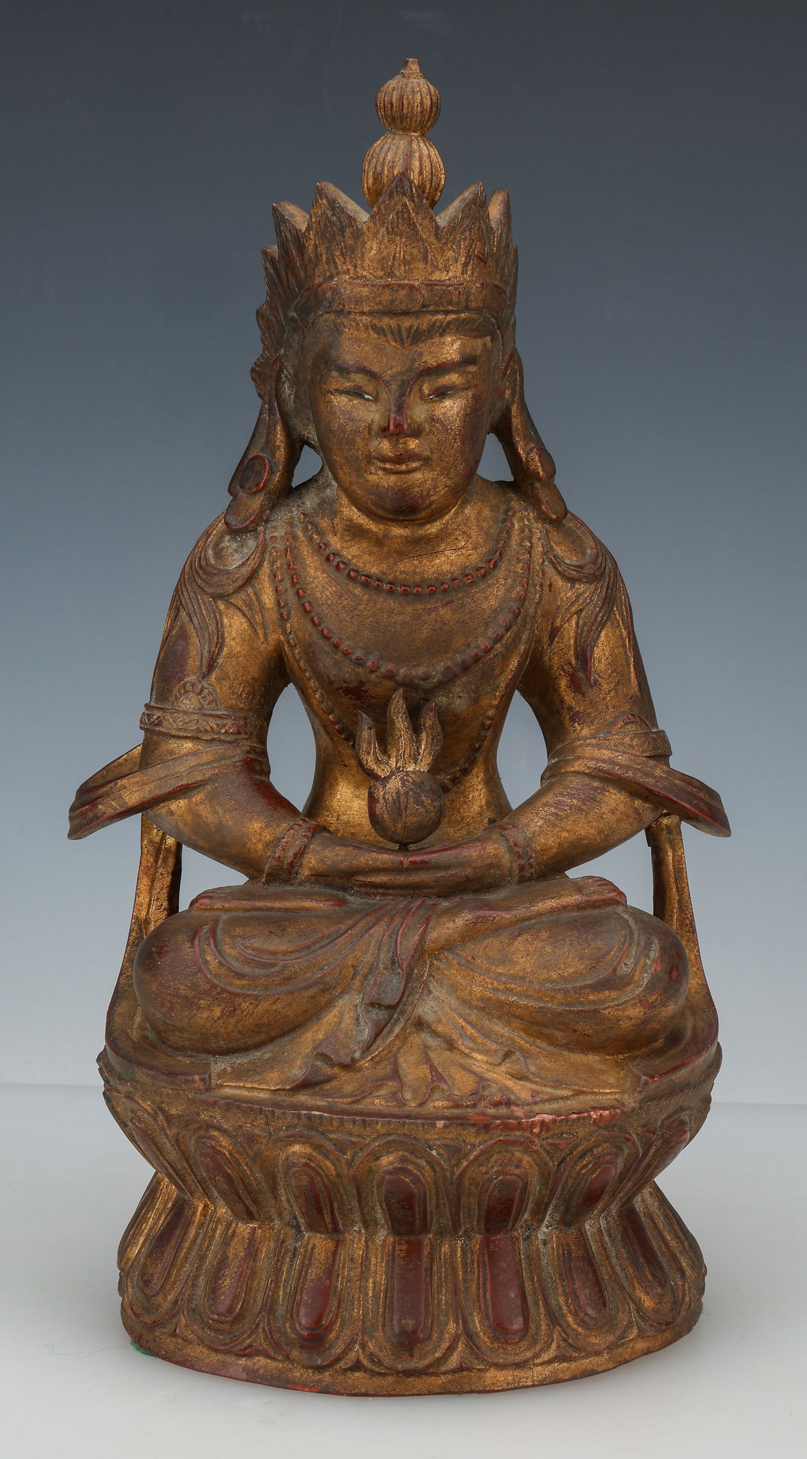 Chinese Giltwood Statue of Buddha Seated on a Lotus Throne: Chinese Giltwood Statue of Buddha Seated on a Lotus Throne. Size: 12'' x 6.5'' x 4.5'' (30 x 17 x 11 cm). Provenance: Private Philadelphia Estate Collection.