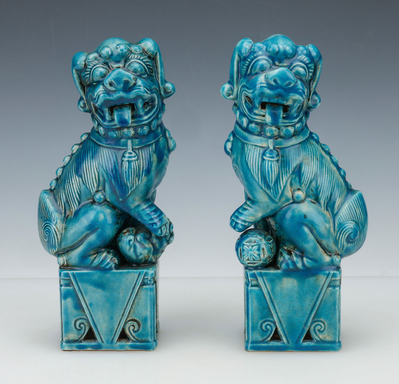 Pair of Chinese Turquoise Glazed Pottery Foo Dogs, Mid 20th Century (1 of 6)