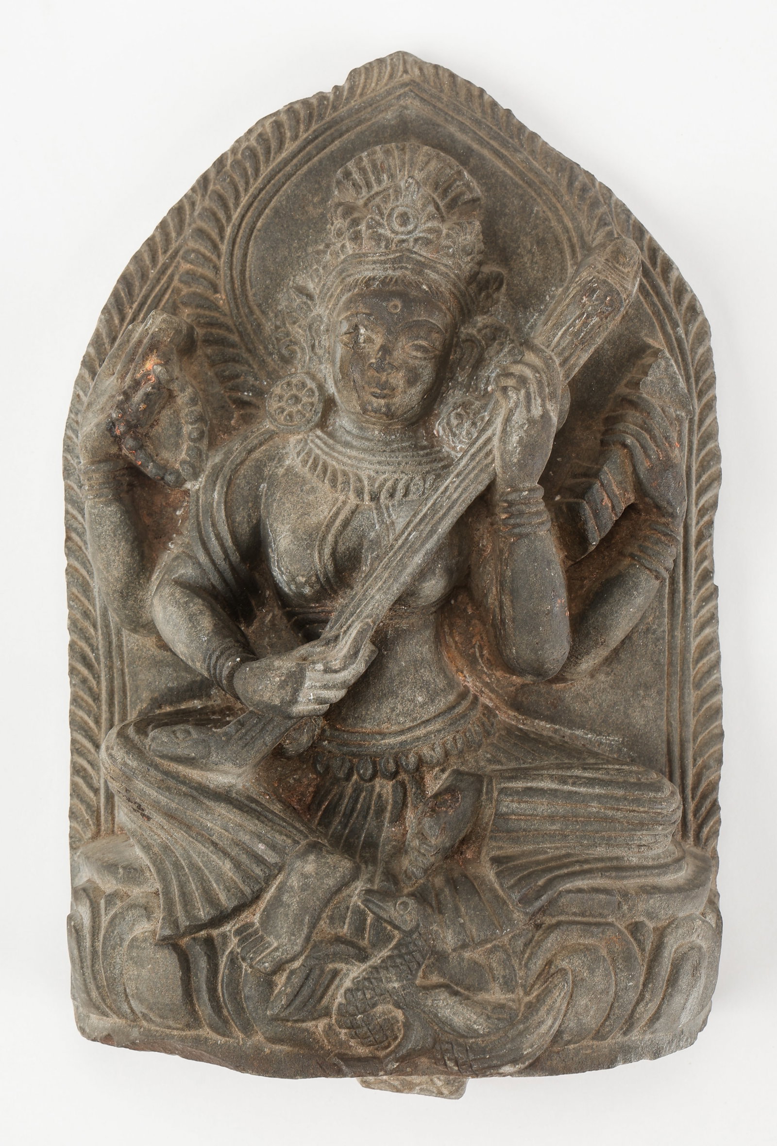 Carved Grey Stone Figure of Saraswati, Nepal.: Carved Grey Stone Figure of Saraswati, Nepal. Size: 8'' x 5'' x 2.5'' (20 x 13 x 6 cm).