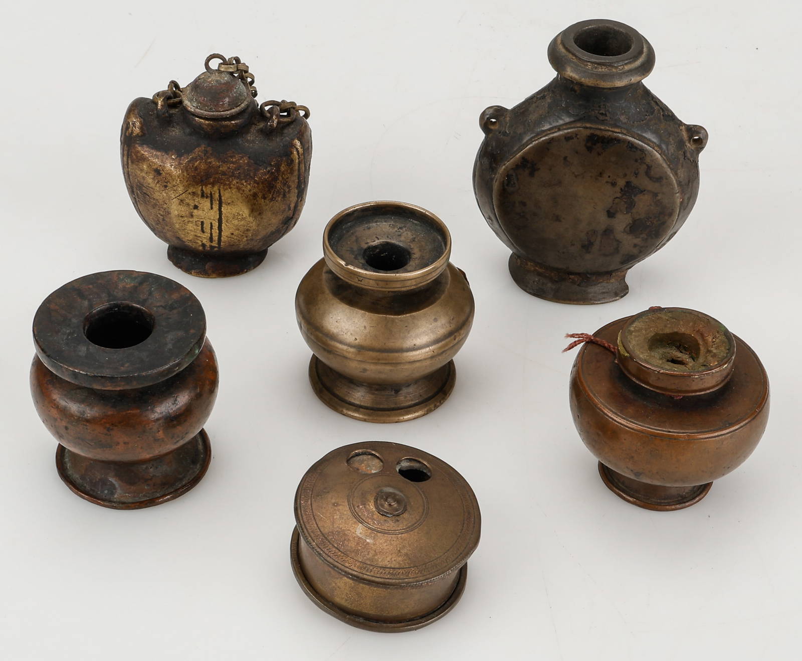 Collector's Lot of 6 Tibetan Ink Pots (inkwells), Late 19th C. to Mid-20th C.