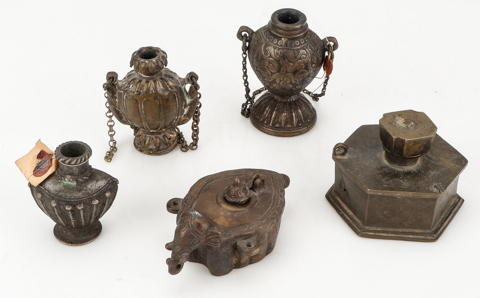 Collector's Lot of 5 Tibetan Ink Pots (inkwells), Late 19th C. to Mid-20th C.: Collector's Lot of 5 Tibetan Ink Pots (inkwells), Late 19th C. to Mid-20th C. Sizes Ranging From: 2'' x 3'' x 3'' (5 x 8 x 8 cm); To: 3.5'' x 2'' x 2'' (9 x 5 x 5 cm).