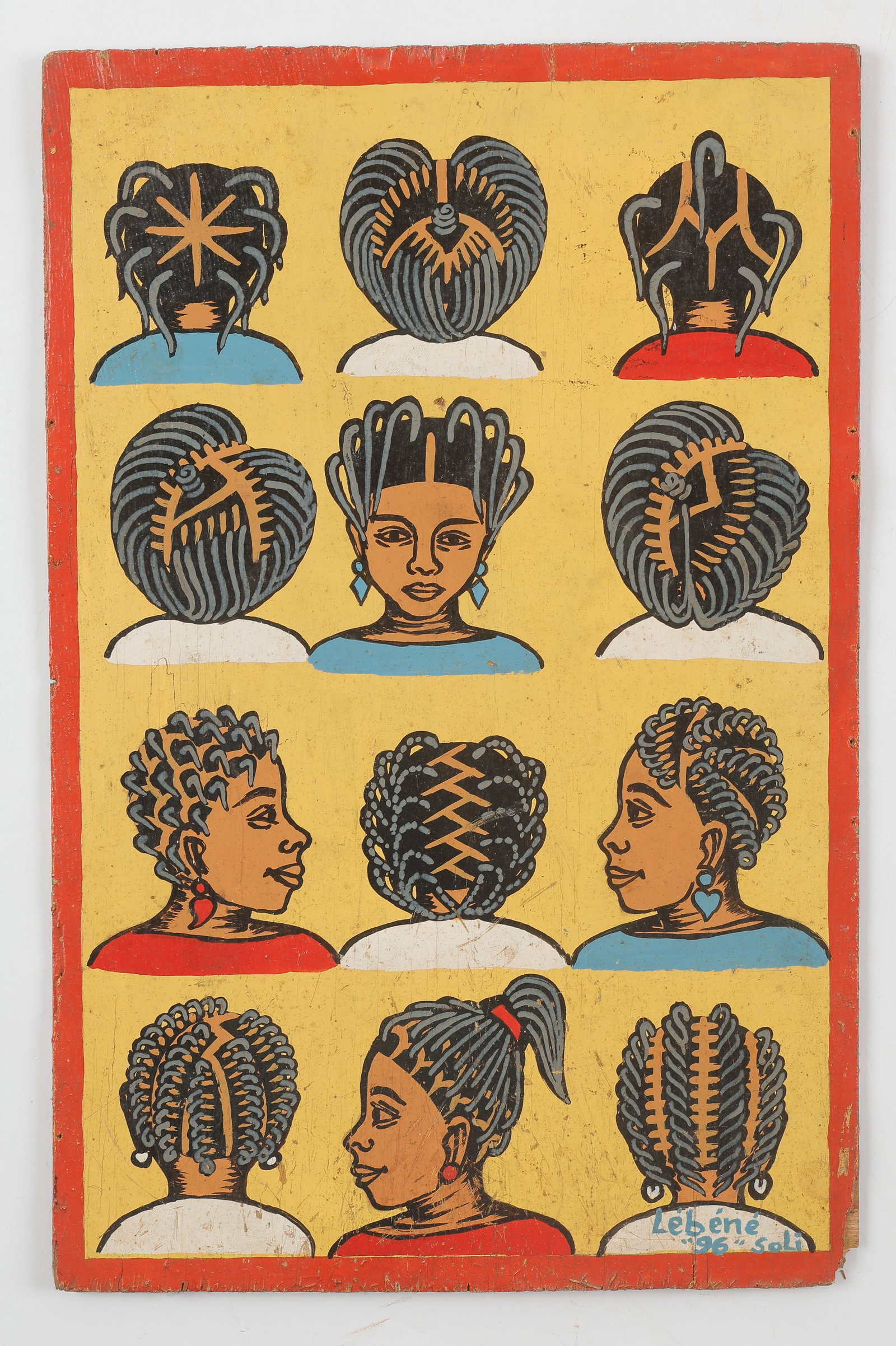 West African Folk Painted Hair Salon Sign: West African Folk Painted Hair Salon Sign. Signed: Lebene '96 Soli". Paint on wood. Size: 19'' x 13'' (48 x 33 cm).
