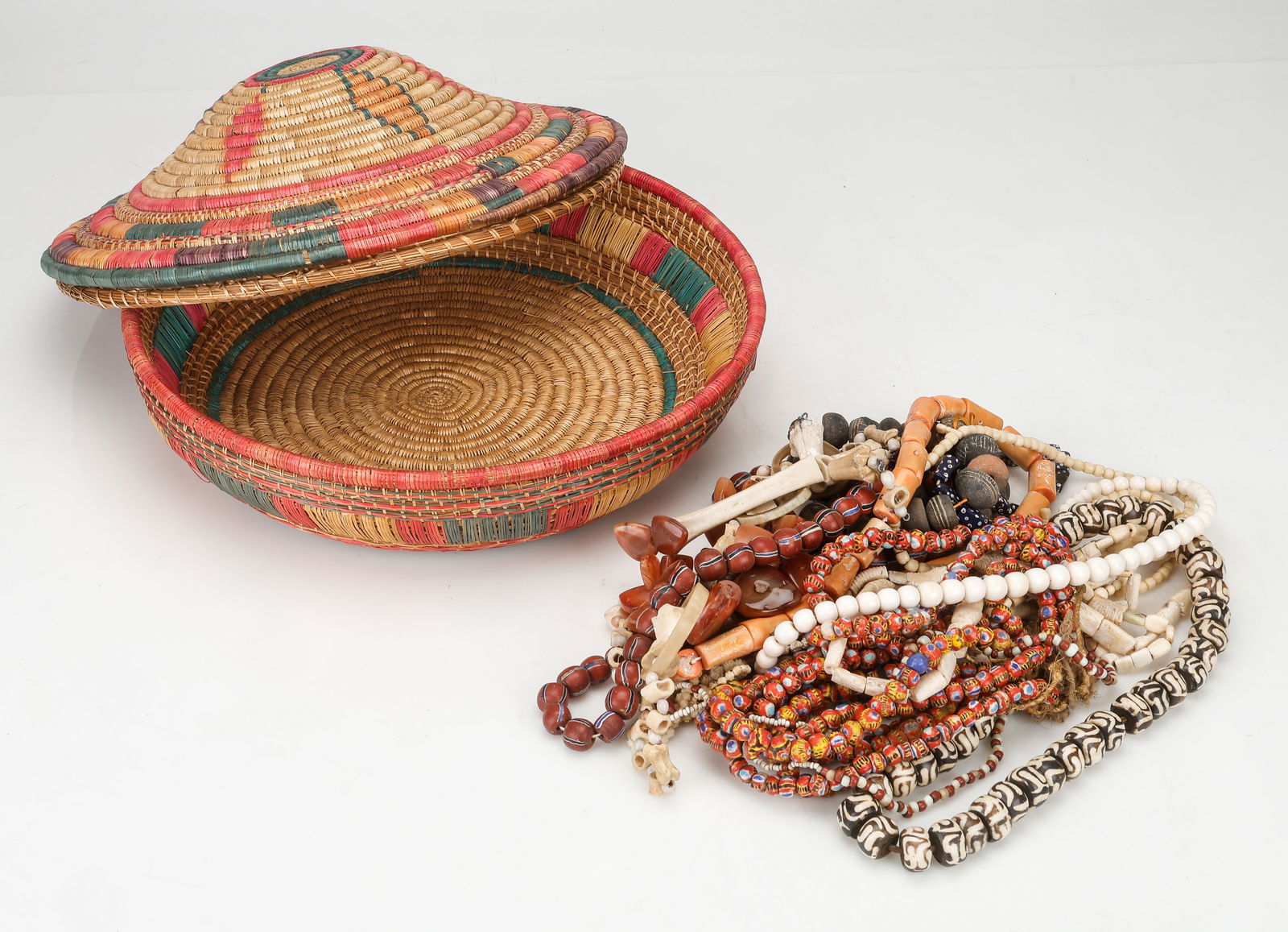 Coiled Lidded Basket and 15 Tribal Necklaces (1 of 4)