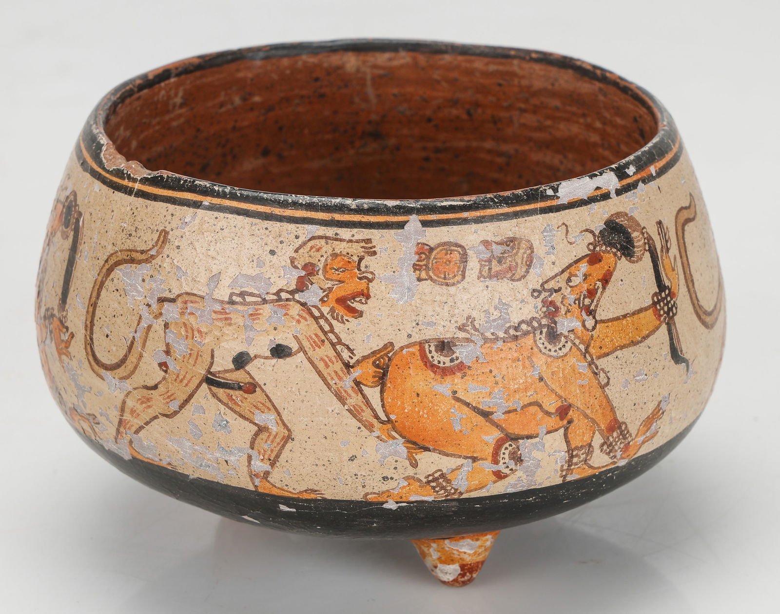 Mayan Polychrome Pottery Bowl: Mayan Polychrome Pottery Bowl. Classic Period (c. 1250 A.D.), Guatemala. Depicts erotic post-classic Mayan glyphs, very rare. Size: 3.5'' x 5.5'' x 5.5'' (9 x 14 x 14 cm).
