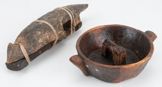 Bolivian Aymara Wood Marriage Bowl and Wooden Lock