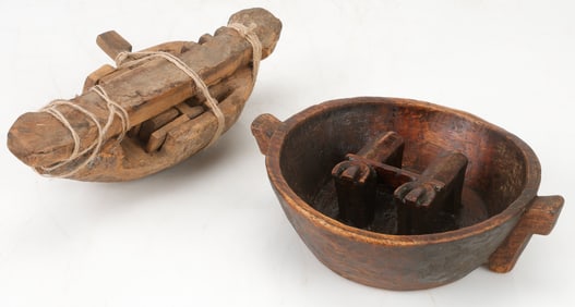 Bolivian Aymara Wood Marriage Bowl and Wooden Lock