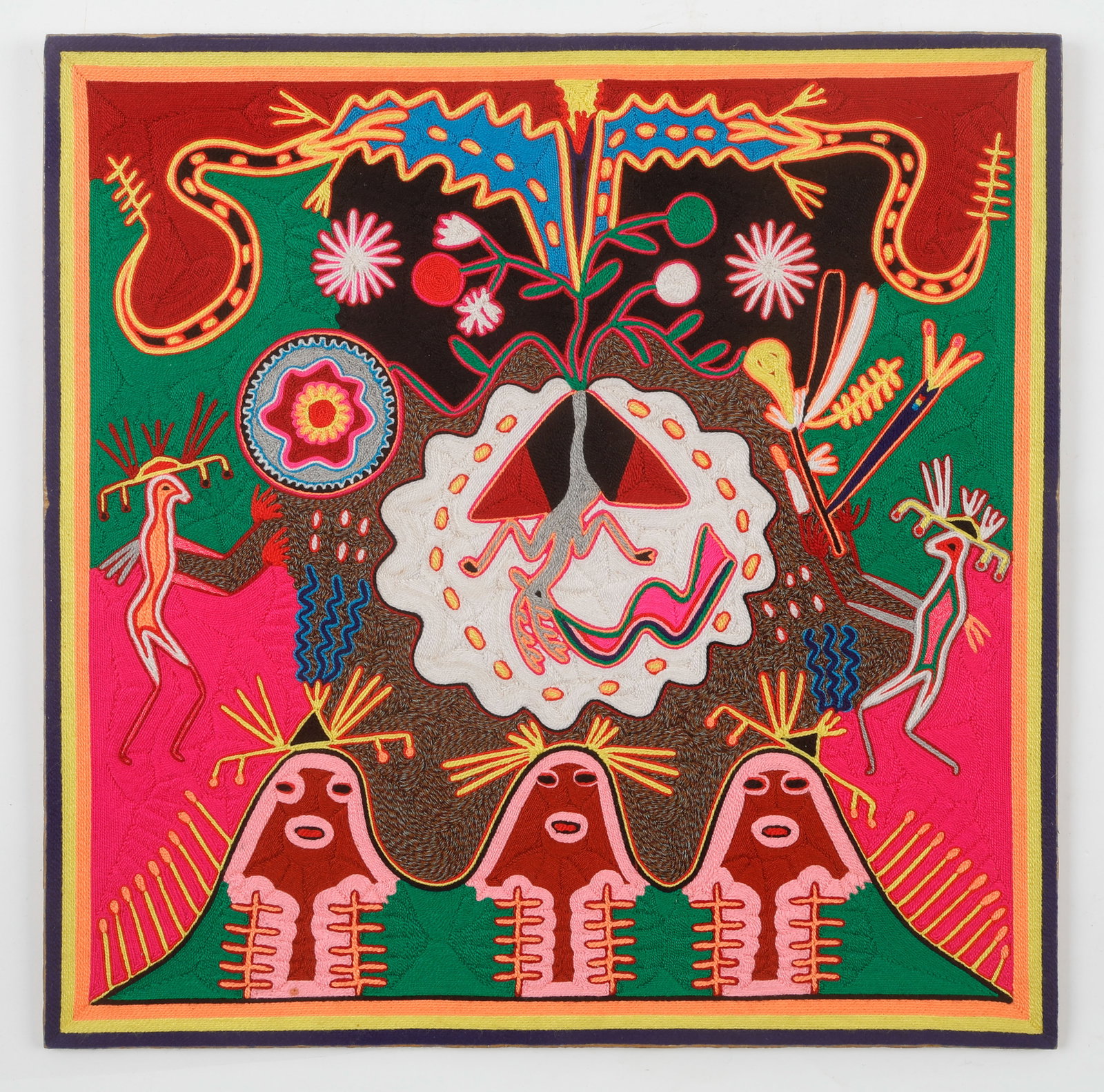 Huichol Yarn Painting By Cristobol Gonzalez, Mexico: Huichol Yarn Painting By Cristobol Gonzalez, Mexico. Polychrome yarn depicting multiple spiritual figures, animals, plants and symbols, adhered to plywood. Verso signed. Size: 23.5'' x 23.5'' (60 x 60