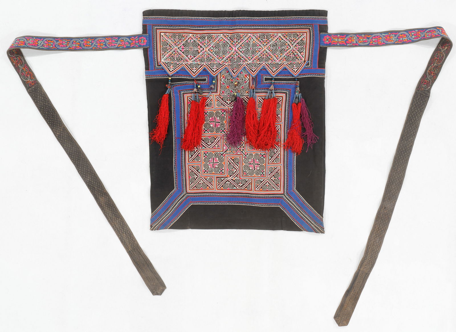 Miao Embroidered and Applique Baby Carrier, China: Miao Embroidered and Applique Baby Carrier, China. Cotton with embroidery, applique, glass beads and tassels. 2'5'' x 2'10'' (74 x 86 cm). From the Niña Sidley Collection of International Textiles an