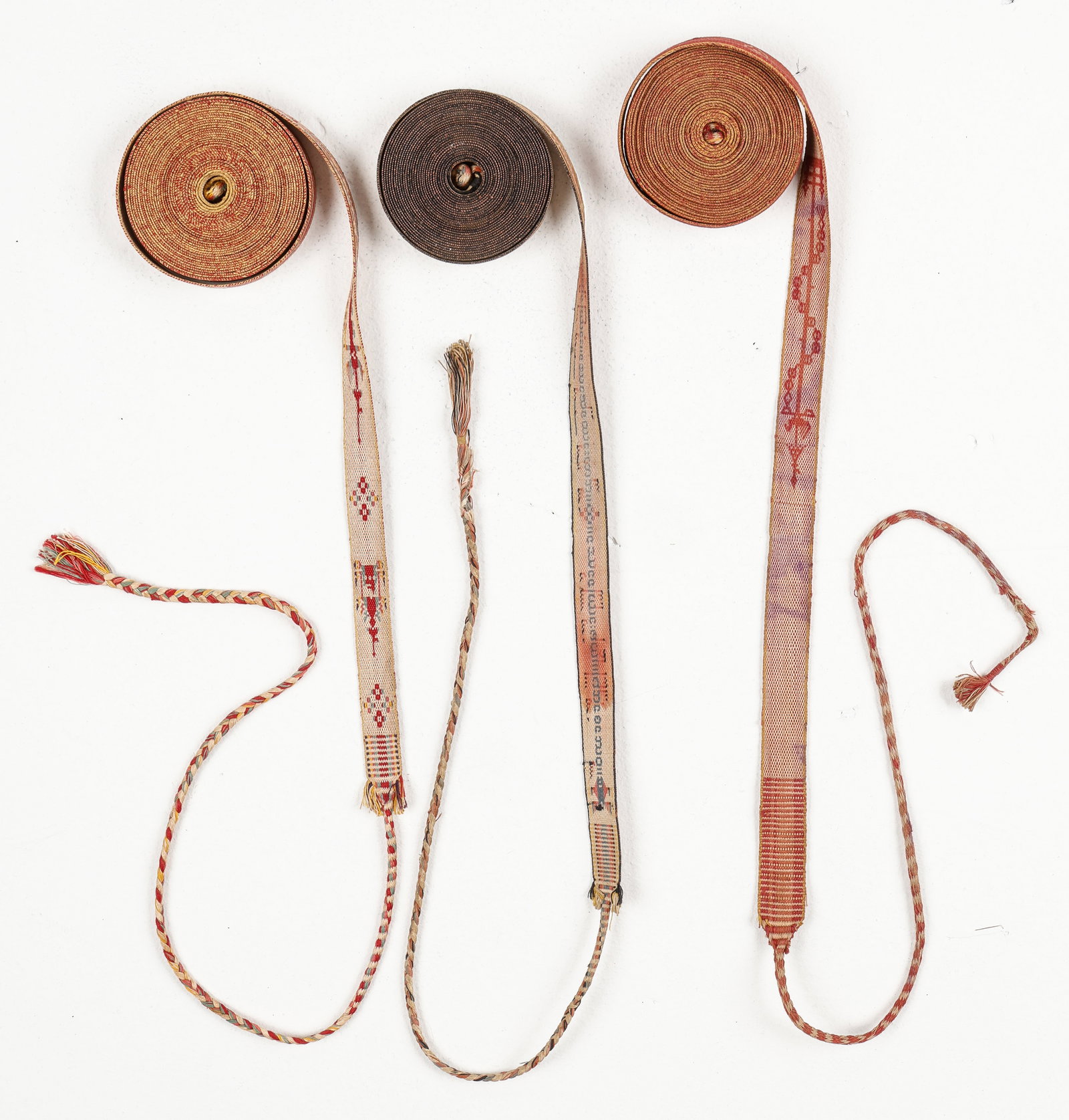 Group of 3 Burmese Sazigyo Buddhist Manuscript Binding Ties, Early 20th C.: Group of Burmese Sazigyo Buddhist Manuscript Binding Ties, Early 20th C. Cotton. Sizes Ranging From: .5'' x 14'2'' (1 x 432 cm); To: .5'' x 15'10'' (1 x 483 cm).