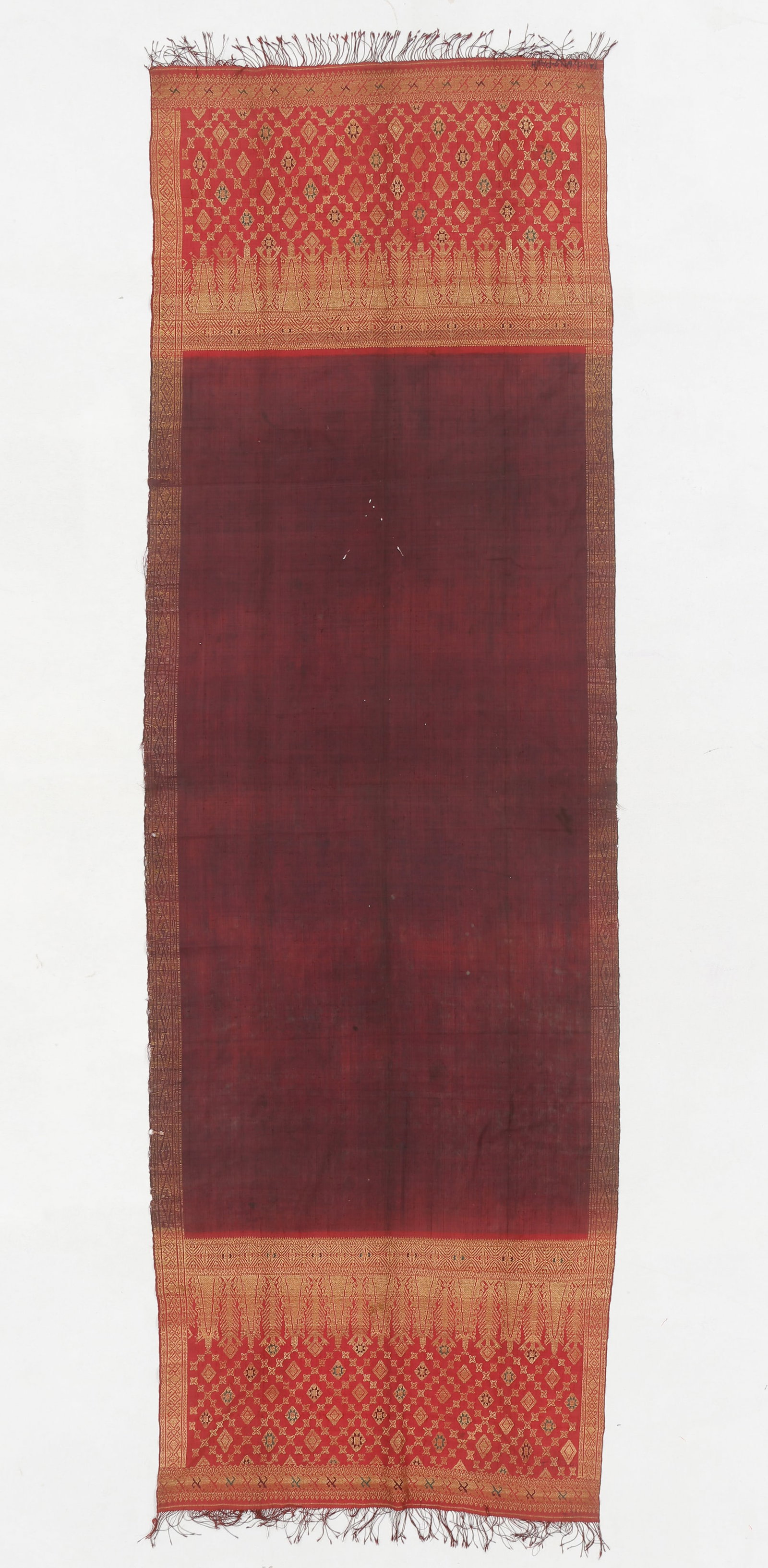 Minangkabau Songket Selendang Shoulder Cloth, Tanar Datar, Sumatra: Minangkabau Songket Selendang Shoulder Cloth, Tanar Datar, Sumatra. Silk with attractive purple center field and fine songket end panels. 2'4'' x 7'9'' (71 x 236 cm). Provenance: ex. Private Denver co