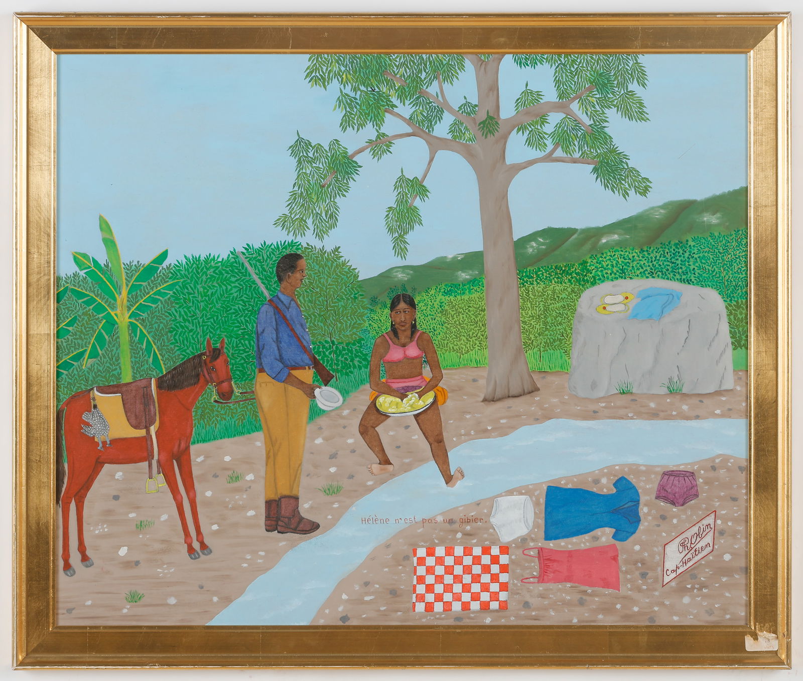 Philhome Obin (Haitian, Haiti) Helene n'est pas un gibier: Philome Obin (Haitian, 1892-1986) Helene n'est pas un gibier, oil on masonite board. Framed. Size: 19.5'' x 23.5'', 50 x 60 cm (sight); 22.5'' x 26'', 57 x 66 cm (frame). Provenance: Regine Chassagne