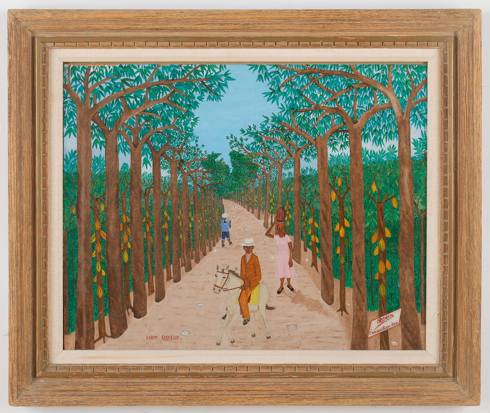 Philome Obin (Haitian/Haiti) Hbtion Bayuex, Dated 1957: Philome Obin (Haitian, 1892-1986) Hbtion Bayuex, 1957, oil on masonite board. Framed. Size: 15.5'' x 19.5'', 39 x 50 cm (sight); 21.25'' x 25.25'', 54 x 64 cm (frame). Frame by House of Heydenryk. Pro