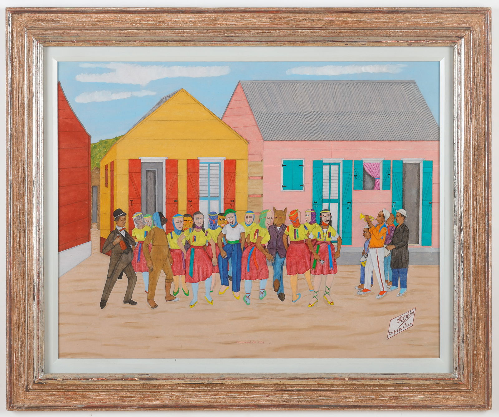 Philome Obin (Haitian/Haiti) Carnaval de 1904: Philome Obin (Haitian, 1892-1986) Carnaval de 1904, oil on masonite board. Framed. Size: 24'' x 30'', 61 x 76 cm (board); 31.5'' x 37.5'', 80 x 95 cm (frame). Frame by House of Heydenryk. Provenance: