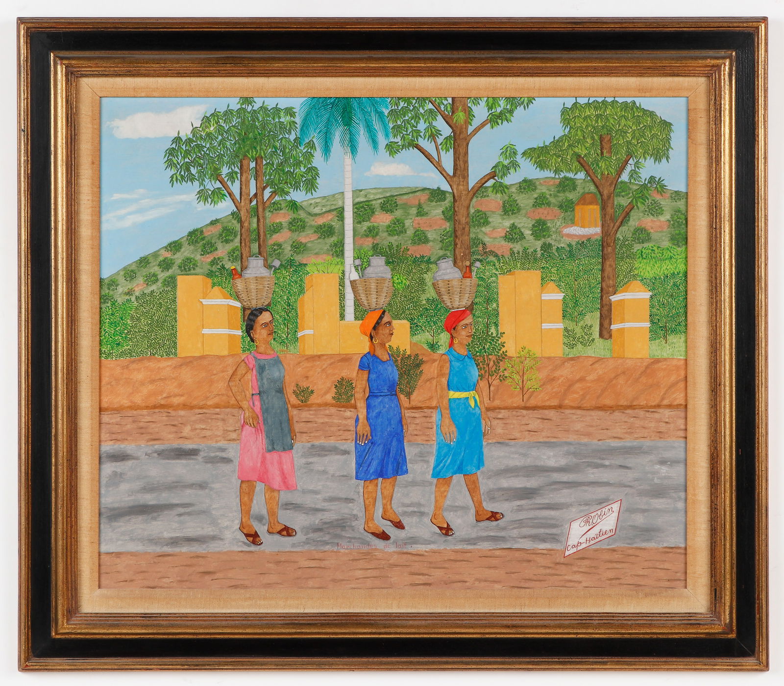 Philome Obin (Haitian/Haiti) Marchandes de Lait: Philome Obin (Haitian, 1892-1986) Marchandes de lait, circa 1960's, oil on masonite board. Framed. Size: 19.5'' x 23.5'', 50 x 60 cm (sight); 26.25'' x 30.25'', 67 x 77 cm (frame). Provenance: Drs. Ro