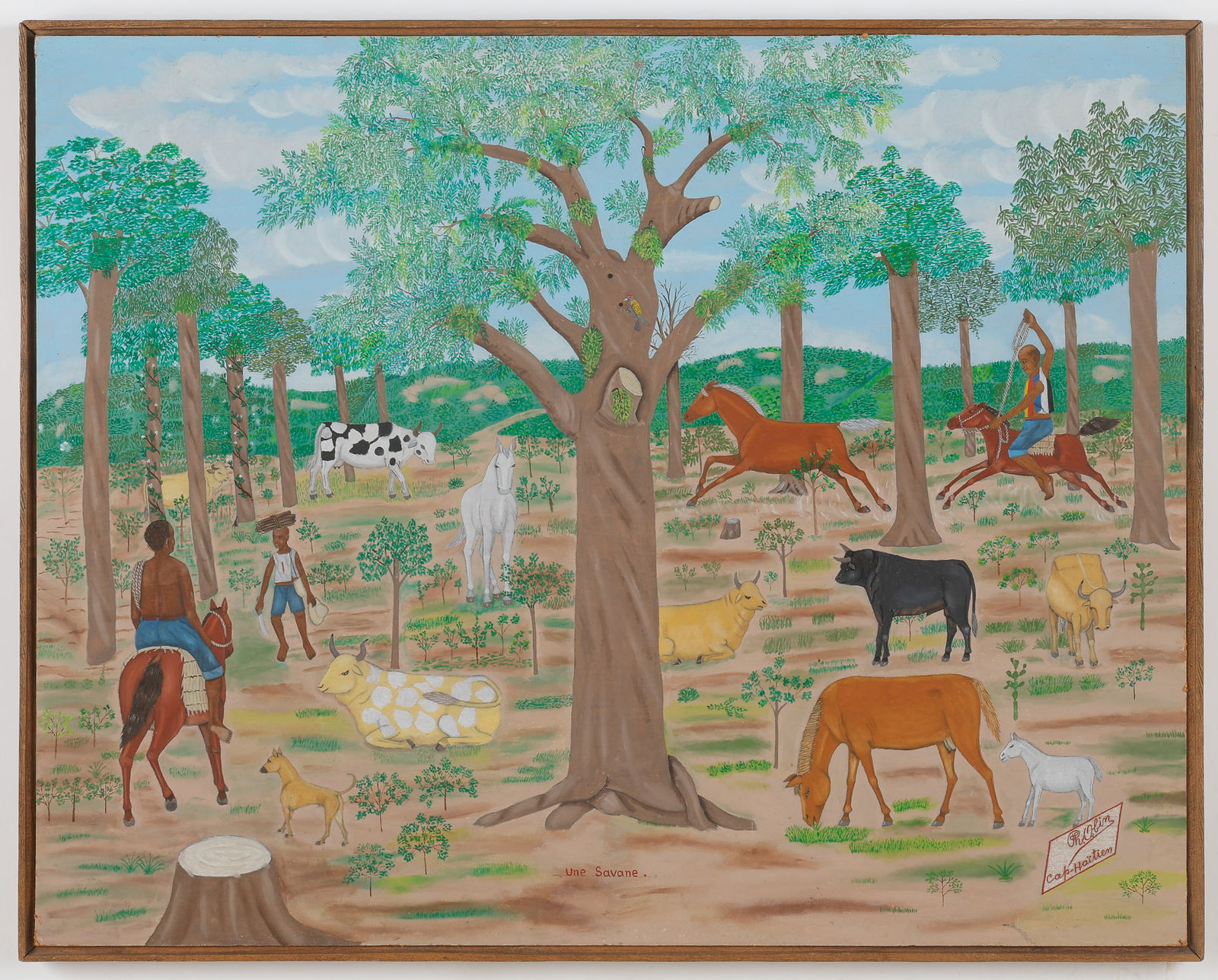Philhome Obin (Haitian/Haiti) Un Savane: Philome Obin (Haitian, 1892-1986) Une Savane, oil on masonite board. Framed. Size: 24'' x 30'', 61 x 76 cm (board); 24.75'' x 31'', 63 x 79 cm (frame). Provenance: Regine Chassagne & Win Butler. Obin