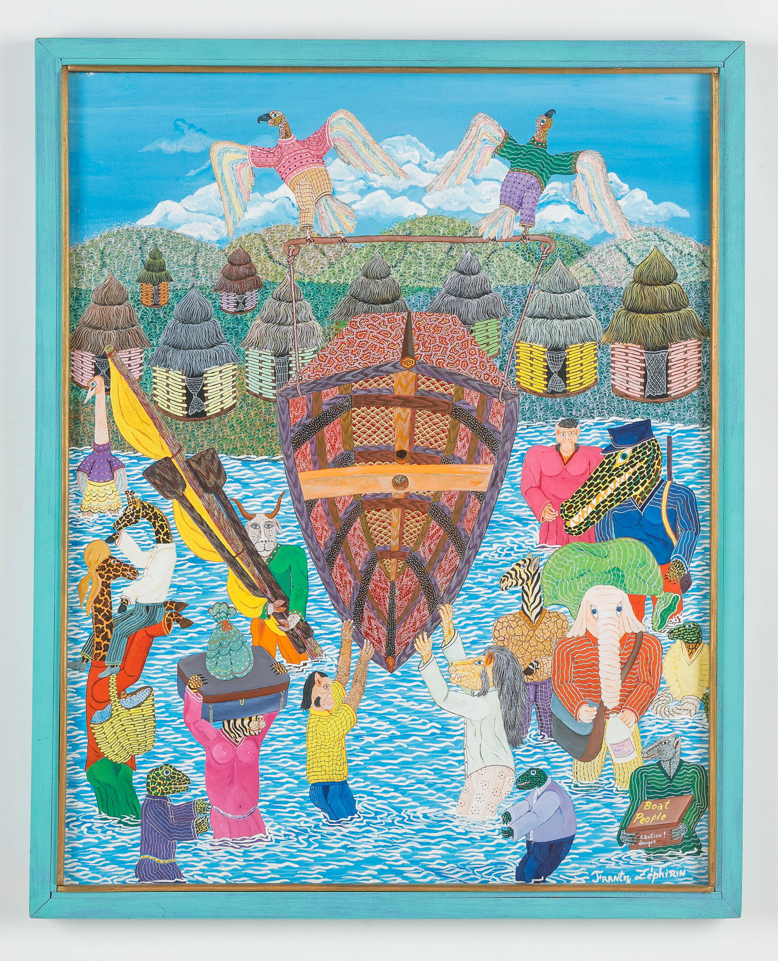 Frantz Zephirin (Haitian/Haiti) Boat People, Circa 1987: Frantz Zephirin (Haitian, B. 1968) Boat People, circa 1987, acrylic on canvas. Framed. Size: 29.5'' x 23.25'', 75 x 59 cm (stretcher); 32'' x 25.75'', 81 x 65 cm (frame). Provenance: Galerie Macondo.